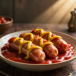 a pork made of sausages wallowing in ketchup and mustard