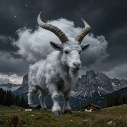 clouds in the shape of krampus, dolomites, pastures, alps, alp, star rain, dark, eerie, despair, portrait photography, artstation, highly detailed, sharp focus, by cronneberg