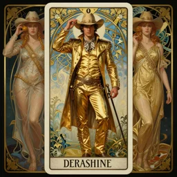 a dramatic ethereal epic symmetrical painting of a handsome cowboy in a gold outfit | tarot card, art deco, art nouveau,  (steampunk), homoerotic, bulge realistic | by Dresden Codak, by Mark Maggiori and ((((Alphonse Mucha))) | trending on artstation