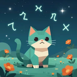 low poly cat by beeple, artstation, teal and orange color scheme, flowers, No Man's sky anton fadeev asher brown durand 8k resolution, beautiful at night, zodiac signs in the stars
