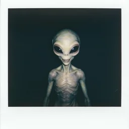 Polaroid of a alien to encounter with the lost ones if they were in a dark zone smiling sharp teeth