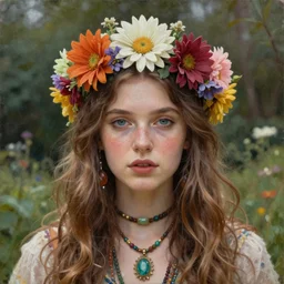 young hippie queen in flower and thorn crown in the garden portrait painting study, extremely detailed, featured trending on artstation