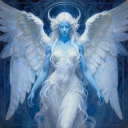 ethereal glowing blue skinned white angel dmt deity, art nouveau repeating patterns, tim hildebrandt, wayne barlowe, bruce pennington, donato giancola, trending on artstation, cinematic composition, beautiful lighting, hyper detailed, 8 k, oil on canvas