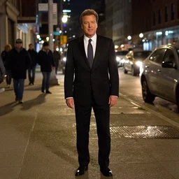 1 9 9 8 andy richter wearing a black suit and necktie standing on the streets of chicago at night in winter.