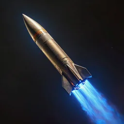 closeup of a missile flying in the space with powerful blue fire thrust, cyberpunk, moody, luminescent, rule of thirds, golden ratio, ambient lighting, syd mead, greg rutkowski, wlop, artgerm, artstation, highly detailed masterpiece