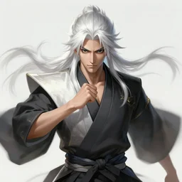 a highly detailed illustration of fierce white haired parted through the middle young attractive asian man, wearing hakama, with black sclera eyes, heroically battle posing, intricate, elegant, highly detailed, centered, digital painting, artstation, concept art, smooth, sharp focus, league of legends concept art, WLOP