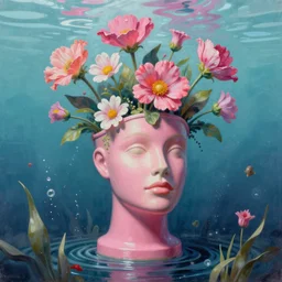 Michael Parkes, award winning masterpiece with incredible details, Michael Parkes, a surreal vaporwave vaporwave vaporwave vaporwave vaporwave painting by Michael Parkes of an old pink mannequin head with flowers growing out, sinking underwater, highly detailed Michael Parkes