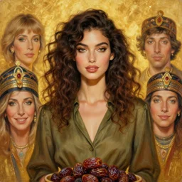 epic painting drawing, full figure portrait of beautiful supermodel wearing olive blouse, curly hair, sweet egyptian siwi dried dates, photography by amy leibowitz, wlop, jeremy lipkin, beeple, intricate, symmetrical front portrait, artgerm, golden glowing background