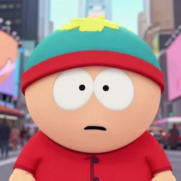 a closeup cartoon image of cartman from south park in times square new york. accurate face. bright scene. fine detail. this 4 k hd image is trending on artstation, featured on behance, well - rendered, extra crisp, features intricate detail and epic composition.