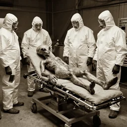 dismantled alien on a gurney in hanger with people in hazmat suits standing around, grainy, vintage photo, sepia, old photo, realistic, detailed,