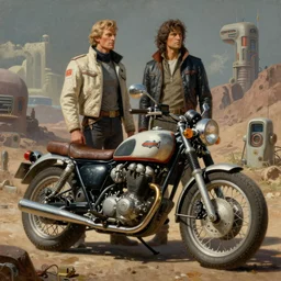 moebius and ralph mcquarrie style, vintage classic motorcycle, retro futuristic sci - fi, blade runner 2 0 4 9, wires devices electronics, painting