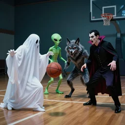 a ghost, an alien, a werewolf and a vampire playing basketball together, lowbrow, surealistic, hd