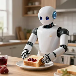 in a cozy kitchen, a humanoid robot butler prepares a jam sandwich on the table, realistic light, soft light, focus, depth of field, photorealism, 8 k quality, full quality, realistic style