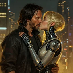 a cyberpunk 2077 couple portrait of Keanu Reeves & female android final kiss in the night city,love,by Laurie Greasley,Lawrence Alma-Tadema,Dan Mumford,Andrei Riabovitchev,John Wick,Replicas,artstation,deviantart,FAN ART,Digital painting,face enhance,highly detailed,8K,octane,golden ratio,cinematic lighting
