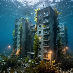 detailed by agostino arrivabene, soviet residential panel building underwater, brutalism, mass housing, kelp forest, street lights water refraction, rule of thirds, masterpiece 8 k