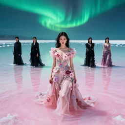 hoyeon jung in luxurious flowery dress emerging from pink and turquoise water in salar de uyuni with the ground reflecting the aurora borealis by takato yamamoto, james jean, conrad roset, ruan jia, martine johanna, rule of thirds, elegant look, beautiful, chic, face anatomy, cute complexion