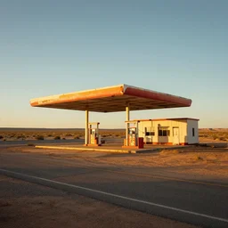 an abandoned petrol station on a desert road, wonderful masterpiece by greg rutkowski, beautiful cinematic light, american romanticism thomas lawrence, greg rutkowski rule of thirds, golden ratio global illumination caustics subsurface scattering