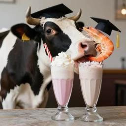 a well dressed milkshake wearing a dress next to a brilliant shrimp wearing an academic cap inside the mouth of a cow, hyper realistic, sharp focus, hyper - detailed, 8 k resolution