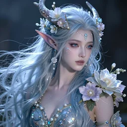 World of Warcraft night elf druid with flowing silver blue hair, lots of flowers, pearlescent, dreamy