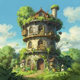 cylindrical house, solarpunk, studio ghibli, jean - baptiste monge, octane render, 4 k, overgrown