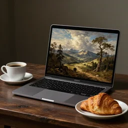 a macbook on the table, a cup of coffee next to it and a croissant. still life painting by rembrandt