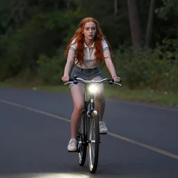 Sadie Sink (Maxine Mayfield) from Stranger Things riding her bike in the middle of the street with forest in the background, looking straight ahead, her bike's flashlight illuminating the ground, realistic, extremely high detail, photorealistic, no shadows, 8k