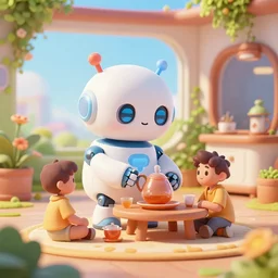 cute house robot making tea for a human friend, highly detailed, hyperrealistic, artstation, artstation, cheerful, flowers, utopia, scifi, futuristic house interior, art by ivan laliashvili and nicholas cort and eddie mendoza and edward denton