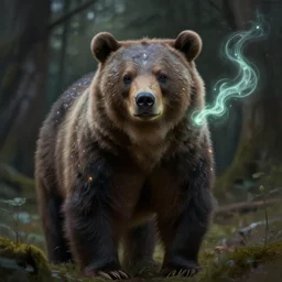 fantasy painting of bear with magical marks and glowing magical wisps, dark forest in background, painted by greg rutkowski and andreas rocha