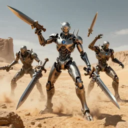 cybernetic evil warzone bladed weapons razor projectiles humanoids goin stupid, desert scene