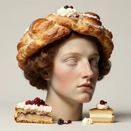 a head made out of pastries and cakes by giuseppe arcimboldo, cinematic, hyper realistic, portrait photography, glamour lighting