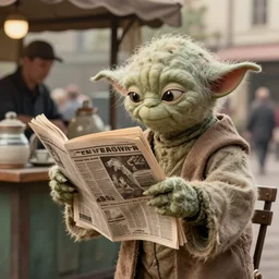 a beautiful ultradetailed fine art vintage photo of yoda reading a newspaper by a street side tea stall, by tom bagshaw and zach sutton, backlight, 5 0 mm lens, closeup shot, bokeh, golden ratio composition, sunset golden hour hues, very detailed, artstation, 8 k, highly coherent