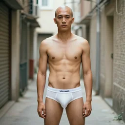 bald man wearing only underwear in alley