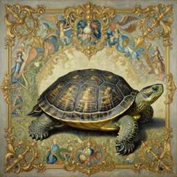 a beautiful painting of one full - body turtle with one turtle shell ， good and evil ， rococco + baroque + magical + symmetrical + detailed intricate + heraldic design + atmosphere ， by peter mohrbacher and kentaro miura + high details, in the style of jean delville, artstation, 8 k, tarmo juhola, ivan laliashvili, james gurney, moebius, roger dean, wlop, victo ngai, 4 k, cinematic