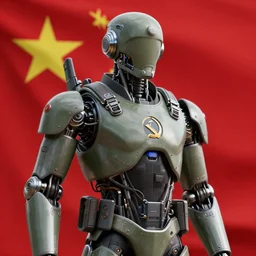 Futuristic Soviet soldier cyborg with red flag in background, overdetailed digital art, hd, 4k