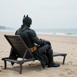 realistic photo of batman on a quiet beach, he is sitting on a lounger while watching the sunset, by tuca reines and max rive, graphic studio design, high detail, unreal engine 5, trending on artstation