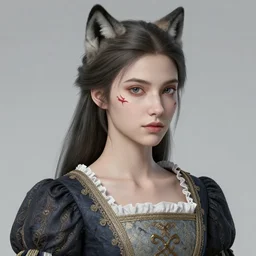 A wolf woman wears a baroque style tunic, a beautiful face with a scar under the right eye, piercing blue eyes by Greg Rutkowski and Michael Whelan, very detailed, high quality