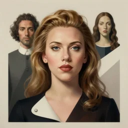 figurative avant garde postmodern monumental dynamic portrait of scarlett johansson by magritte and hogarth, inspired by william blake and gaugin, illusion surreal art, highly conceptual figurative art, intricate detailed illustration, controversial poster art, polish poster art, geometrical drawings