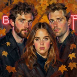 fall, colin farrell, jessica alba woman, with a kid, neon light, detailed faces, painting by gaston bussiere, craig mullins, j. c. leyendecker