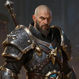a world of warcraft warrior with a bald head and mutton chops in the style of a fantasy portrait