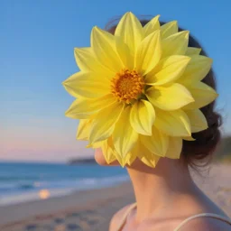 closeup girl with huge yellow dahlia flower over face, on beach, surreal photography, blue sky, sunrise, dramatic light, impressionist painting, digital painting, artstation, simon stalenhag