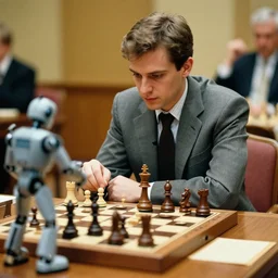 a color photo depicting bobby fischer defeating a robot in a chess game