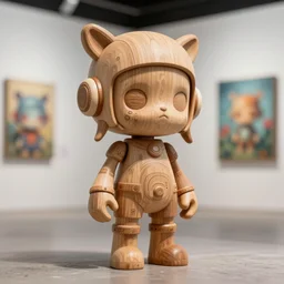 8 k octane render sculpture photorealistic beautiful character wooden design, art toys collectible figurine, very cute occult android cyberpunk, comtenporary art gallery in background concept art cgsociety style doodle