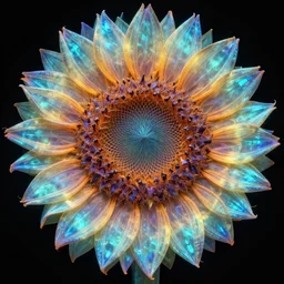 a crystalline sunflower fractal, bioluminescent opal, fractal!!!!!!!, magnificent lighting, ethereal, ray tracing