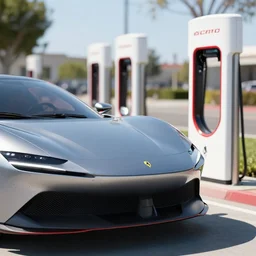 a closeup photorealistic photograph of a futuristic electric ferarri concept ev charging in silicon valley at drive in charger. bright scene, silicon valley. fine detail. this 4 k hd image is trending on artstation, featured on behance, well - rendered, extra crisp, features intricate detail, epic composition and the style of unreal engine.