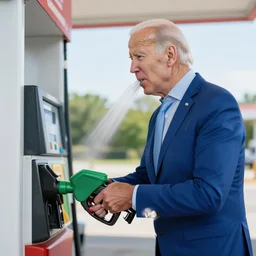 joe biden at the gas station pumping gas into his mouth