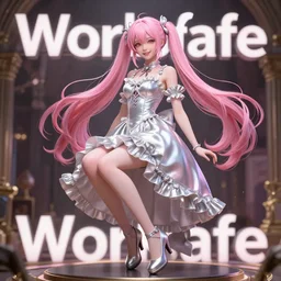 worksafe. insanely detailed. by wlop, ilya kuvshinov, krenz cushart, greg rutkowski, pixiv. zbrush sculpt, octane, maya, houdini, vfx. pink, silver, gorgeous young cg gentle cunning girlish feminine sissy boy with long hair, twintails hairstyle, wearing high heels, frills, silk dress, friendly smiling, in luxury advertisement. cinematic dramatic atmosphere, sharp focus, volumetric lighting