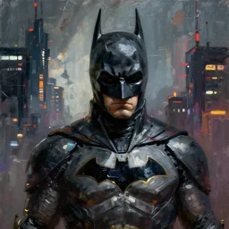 cyberpunk batman with fullface mask, wide shot, moody, futuristic, city background, brush strokes, oil painting, greg rutkowski