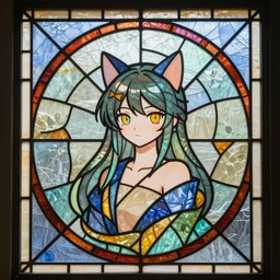stained glass window geometric, very very beautiful cute anime catgirl, art nouveau, trending on artstation pixiv