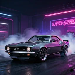 audi camaro b 1 ( 1 9 6 9 ) drifting, need for speed : carbon, neon lines, ultra phonk, phonk music background, smoke behind wheels, noise, dark, establishing shot, threatening
