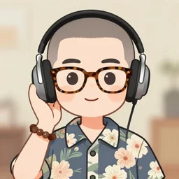 a vrchat avatar man with a buzz cut, a floral print collated shirt, a beaded bracelet, tortoise shell glasses with headphones, anime style, cel shaded, kawaii, cute